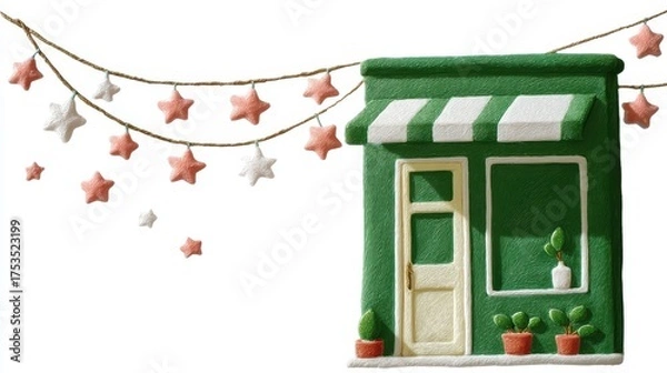 Obraz Cute tea cafe front, chalk color, white background, Charming shop with star decorations and a cozy ambiance, in green and orange brick setting