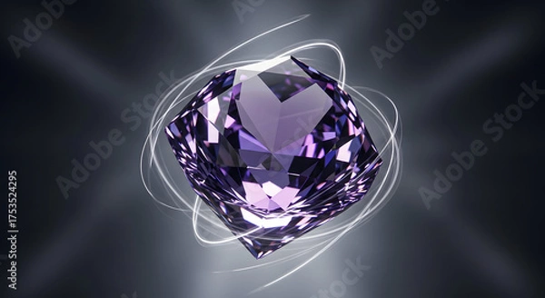 Obraz Sparkling purple gemstone rotates with luminous streaks on dark background.