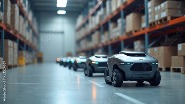 Obraz Autonomous Warehouse Robots in Modern Industrial Facility