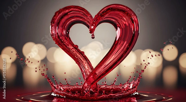 Obraz Red liquid forms a heart shape with splashes against bokeh lights.