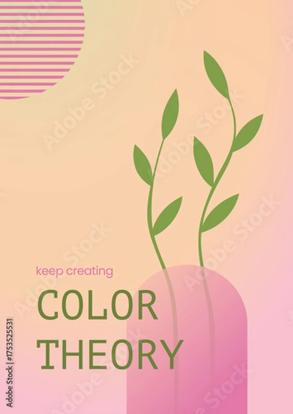Fototapeta Colorful gradient background in pink and green. Abstract Poster with botanical element