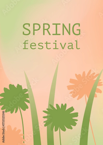 Fototapeta Gradient background in peach and green. Vector poster in with flowers and Spring Festival text