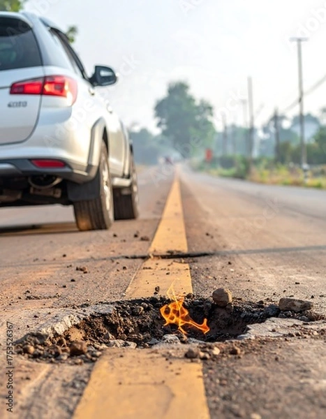 Obraz Road pothole on highway with fire