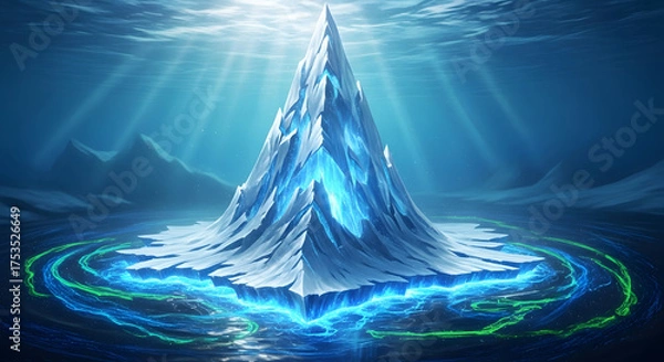 Obraz Ethereal ice mountain glows with blue light in underwater abyss.