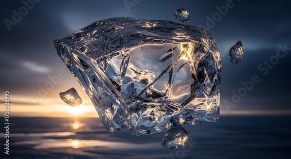Obraz A large, jagged piece of ice floats midair with smaller ice fragments nearby.