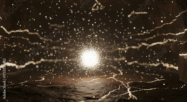 Obraz Glowing particles erupt from a central bright light in a dark, textured environment.