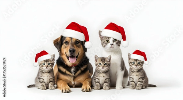 Obraz Festive Dog & Kittens in Santa Hats