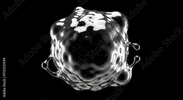Obraz Liquid metal blob with smooth curves and reflections on black.