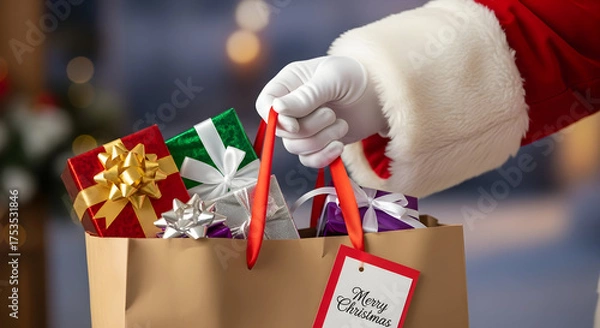 Obraz Santa's Holiday Gift Bag with Festive Presents