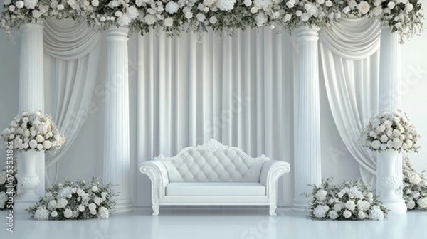 Fototapeta White stage with a sofa, flowers, and curtains at a ceremony or event