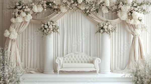 Obraz Elegant wedding ceremony backdrop, white flowers, ornate sofa, indoor setting, romantic event
