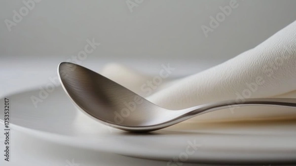 Fototapeta Silver spoon on white plate with white napkin, minimalist dining setting for menus