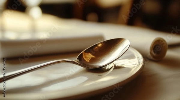 Fototapeta Restaurant table setting; spoon on plate, napkin; blurred background; fine dining