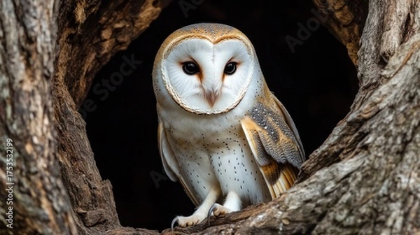 Fototapeta Barn owl in tree hollow looks forward with dark background. Nature or wildlife images