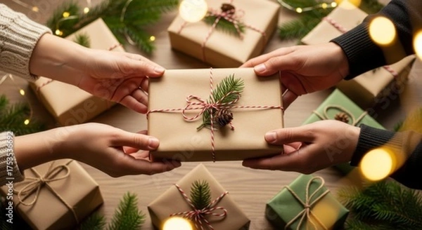 Obraz Exchanging Wrapped Gifts with Festive Decorations