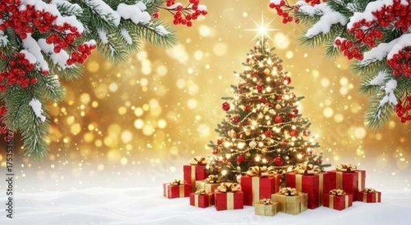 Obraz Christmas Tree with Gifts and Festive Red Decorations
