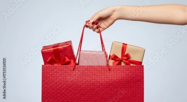 Obraz Hand Holding Red Shopping Bag with Gift Boxes