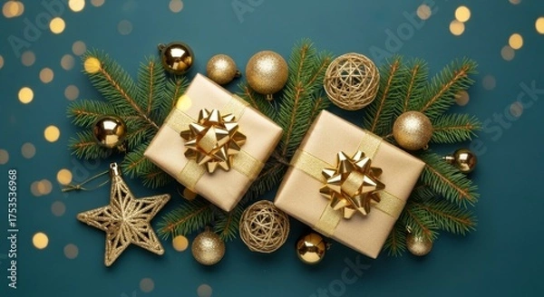 Obraz Gold Wrapped Gifts on Evergreen Branches with Baubles