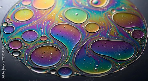 Obraz Vibrant iridescent oil  with multiple bubbles creates colorful abstract patterns.