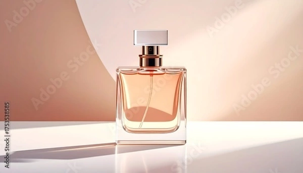 Fototapeta A square, clear perfume bottle sits center, filled with a peach-colored liquid. Its metal top and a white cap shine in warm, soft lighting