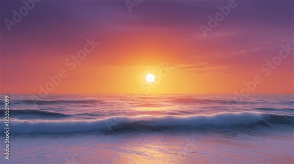 Obraz Beautiful ocean sunset with gentle waves, symbol of peace, relaxation, and nature’s beauty.
