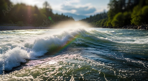 Obraz Foaming river wave catches sunlight creating a colorful rainbow arc.