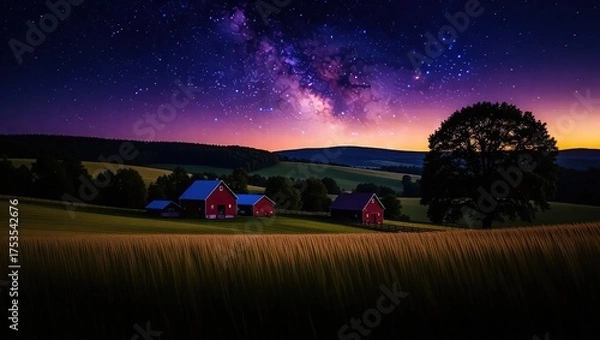 Obraz Nighttime Farm Scene Under the Milky Way Galaxy.
