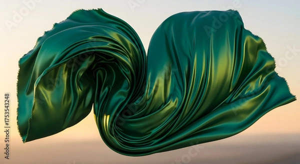 Obraz Emerald silk fabric flows dramatically against a soft, warm sky.