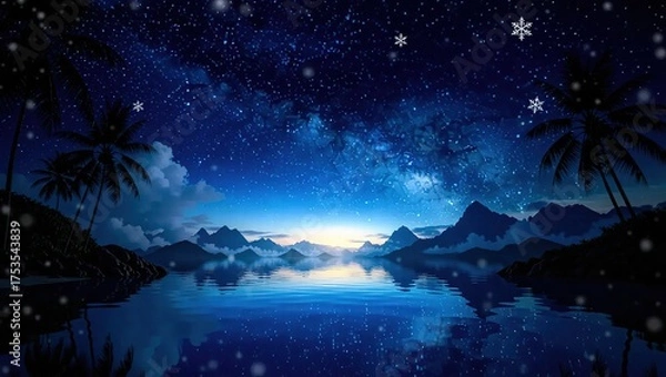 Obraz Nighttime Serenity - Tranquil Lake Reflecting Starry Sky and Mountains.