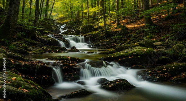 Obraz Lush green forest with a flowing waterfall over mossy rocks.