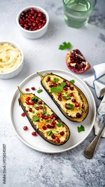Obraz Roasted eggplant halves filled with hummus