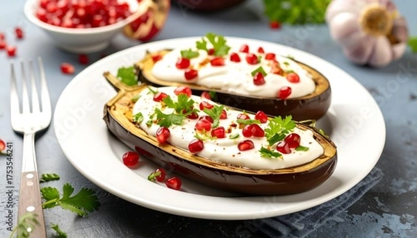 Obraz Roasted eggplant halves topped with creamy sauce and pomegranate seeds