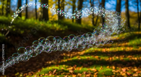 Obraz Bubbles float and shimmer in a sunlit forest path during autumn.