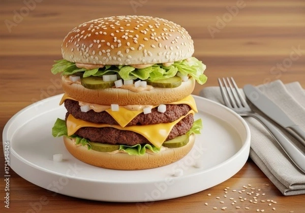 Fototapeta Double Cheeseburger with Sesame Seed Bun — Close-Up Menu Photo on White Plate