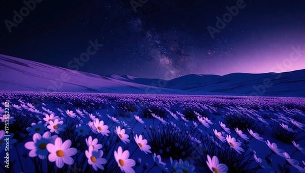 Obraz Purple Flowers Under a Starry Night Sky.