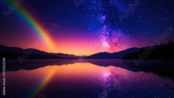 Obraz Rainbow and Milky Way Reflection over Tranquil Lake at Night.