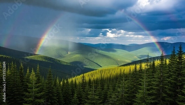 Obraz Rainbow Over Carpathian Mountains - A Scenic Landscape After the Rain.