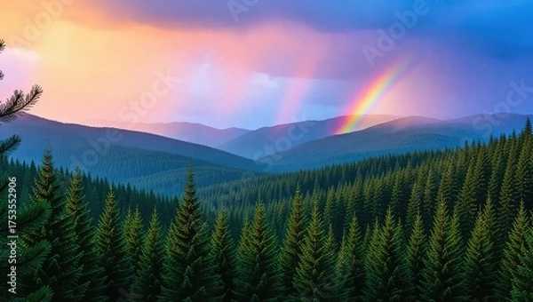 Obraz Rainbow over Forest and Mountains - A Scenic Landscape.