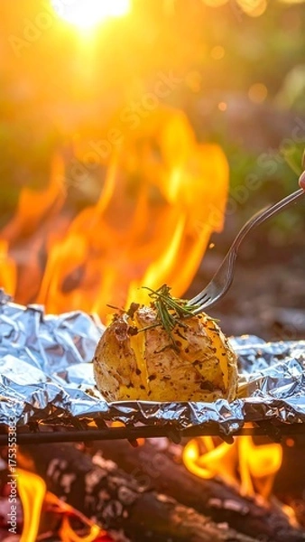 Obraz Roasted potato on foil over campfire