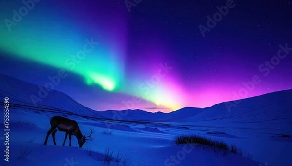Obraz Reindeer Grazing Under Vibrant Aurora Borealis Sky.