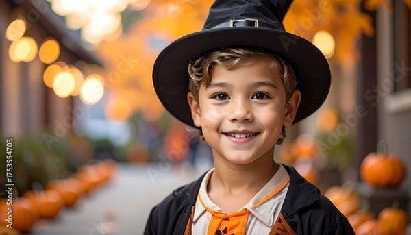 Obraz A smiling young boy in a witch costume with a black hat. He is standing outside surrounded by pumpkins and autumn foliage