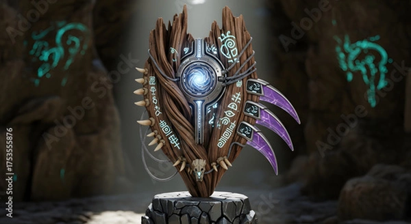 Obraz Ancient tribal shield with glowing runes and energy core.