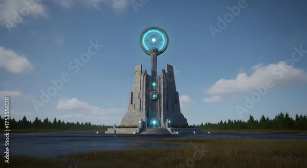 Obraz Futuristic monolith with glowing blue lights stands against a clear sky.