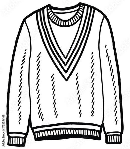 Obraz Detailed monochrome outline drawing of a classic V-neck sweater, showcasing intricate knit patterns and ribbed cuffs, perfect for winter fashion, apparel design, and clothing illustrations