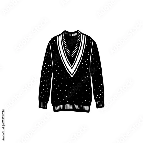 Fototapeta Black and white illustration of a patterned V-neck sweater, ideal for fashion and textile design projects