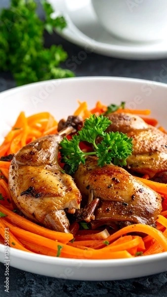 Obraz Roasted quail legs with carrot ribbons