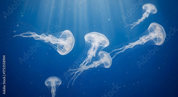 Obraz Translucent jellyfish drift gracefully in sunlit ocean depths.