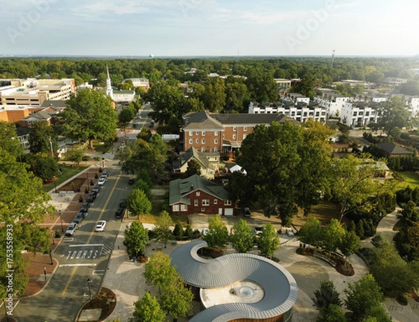 Obraz Aerial view of Academy Street and the Downtown Cary Park in downtown Cary North Carolina