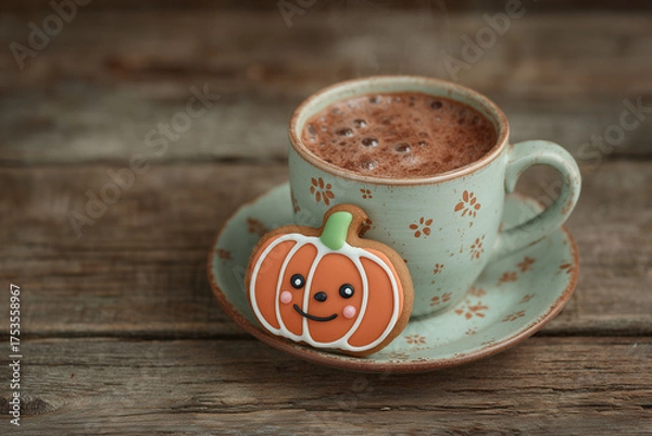 Obraz Pumpkin Mug with Hot Chocolate and Cookie