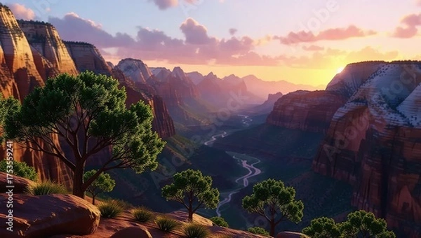 Obraz Serene Canyon Valley Overlook at Golden Hour Sunset.